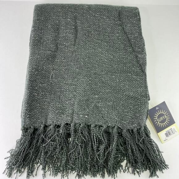 SURYA Tilda Charcoal Gray Metallic-Silver‎ Throw Home Decor Knitted Fray Blanket - Picture 2 of 5